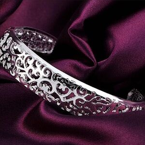 Hollow Out Flower Sterling Silver Cuff Bangle Bracelet